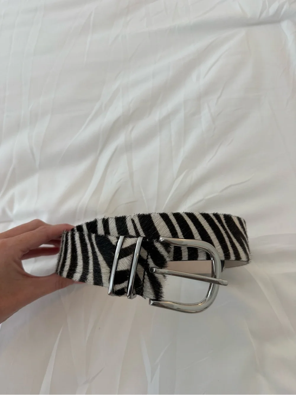 Zebra Print Leather Belt with Silver Buckle - Women Accessories